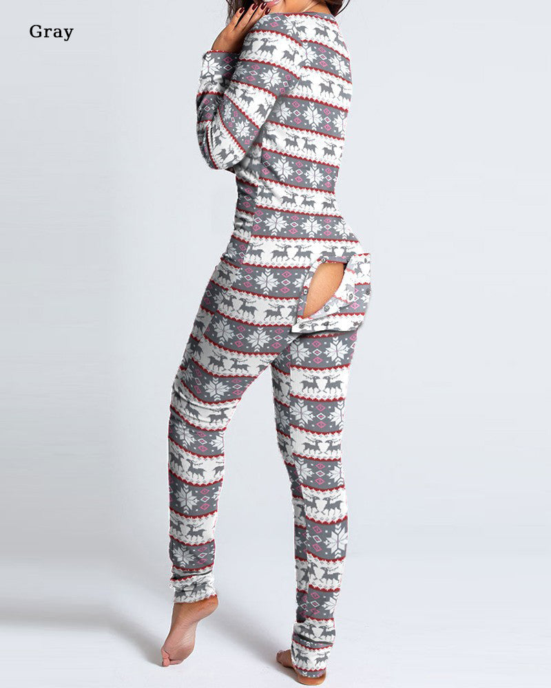 Button Flap Adult Pajamas Christmas Long Sleeve Home Clothes Jumpsuit