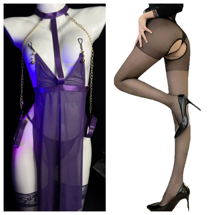 Sheer Mesh Body Dress Set with Chain Detail