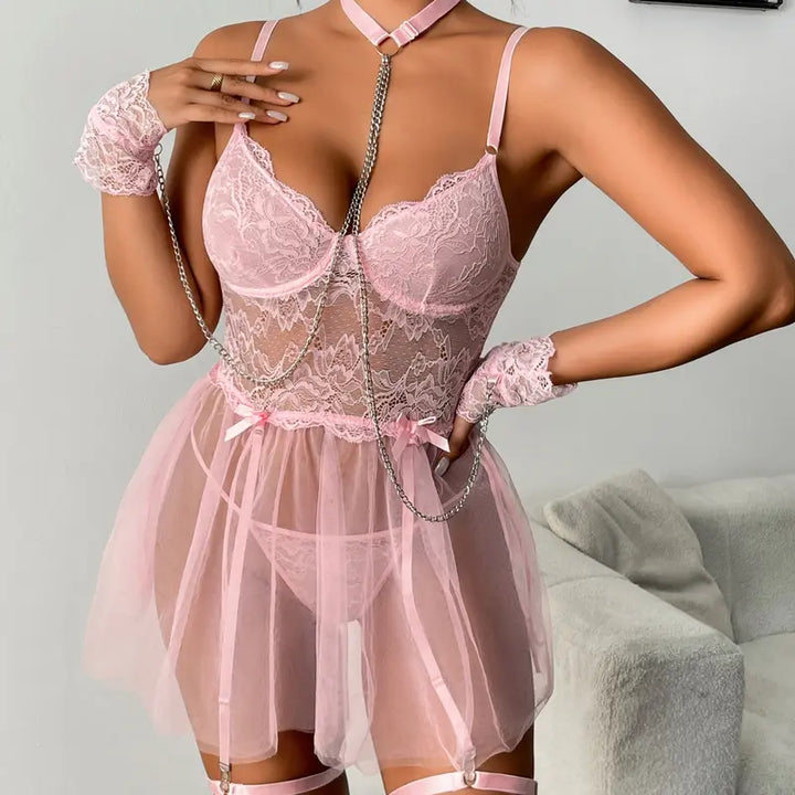 Lace Underwire Lingerie Set with Garter Belt &amp; Chain Detail