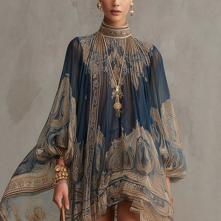 Elegant Baroque Print Chiffon Mini Dress