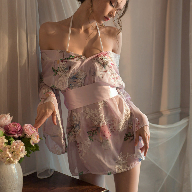 Japanese sexy cardigan three-point chiffon embroidered kimono suit-D8515