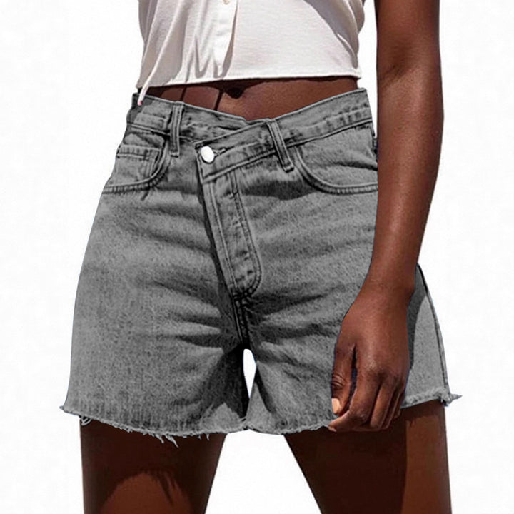 Cross Waist High Rise Distressed Denim Shorts