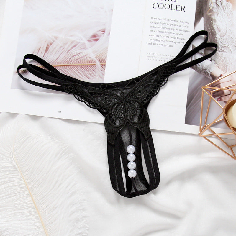 Embroidered Sexy Transparent Hollow Pearl Thong