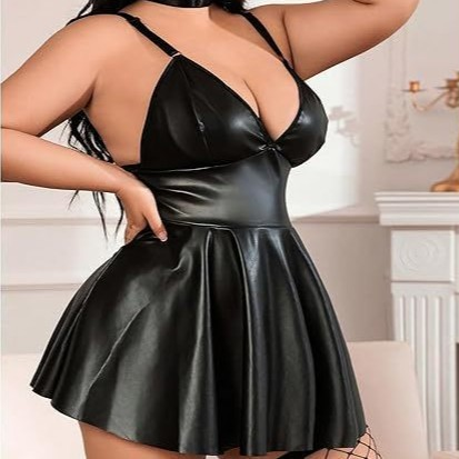 Women’s Deep V Leather-Look Lingerie Dress