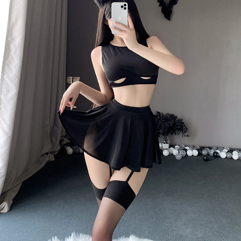 Ice silk thin hollow short skirt suit sexy pure desire uniform temptation free pajamas-D8993