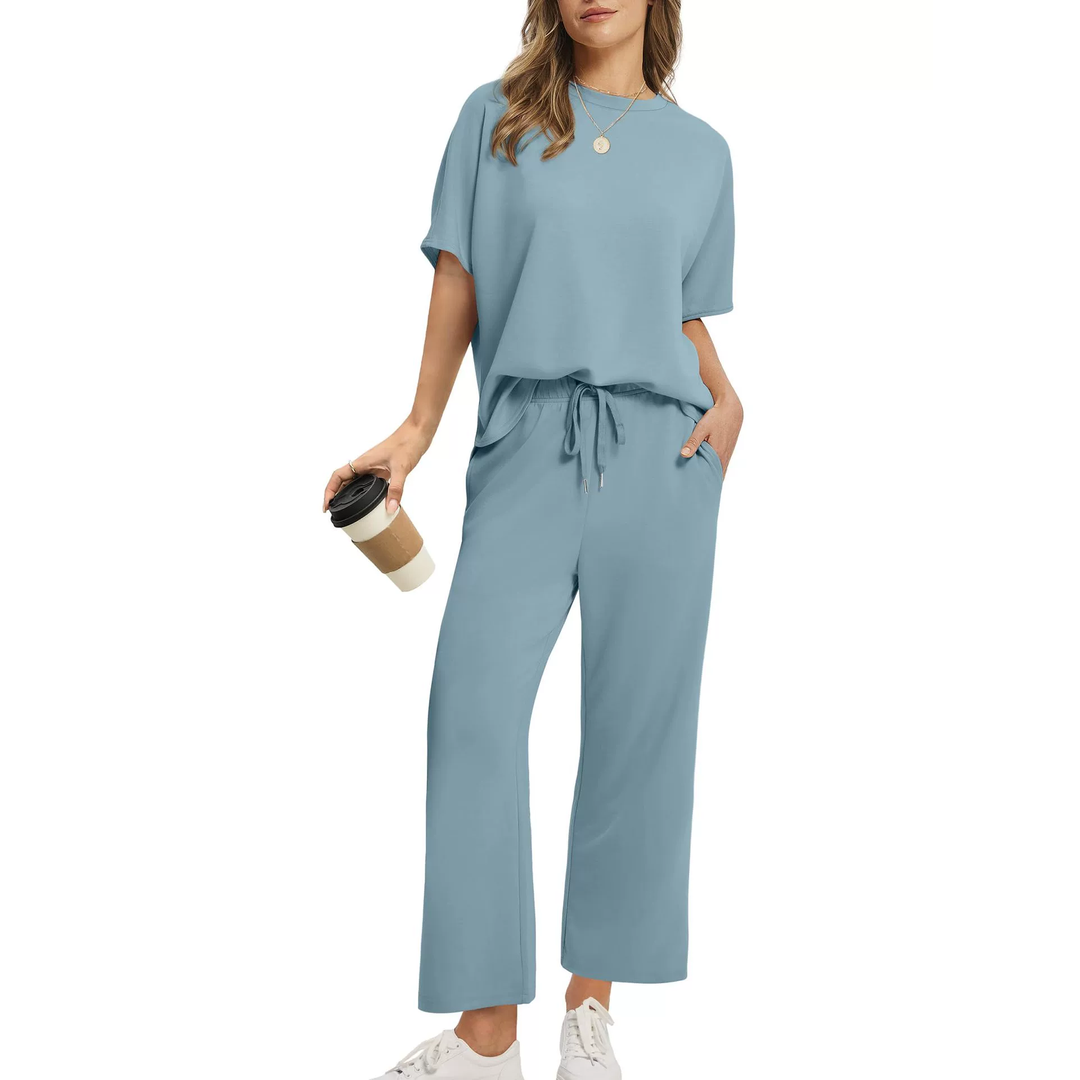 Round Neck Top &amp; Wide Leg Pants Set