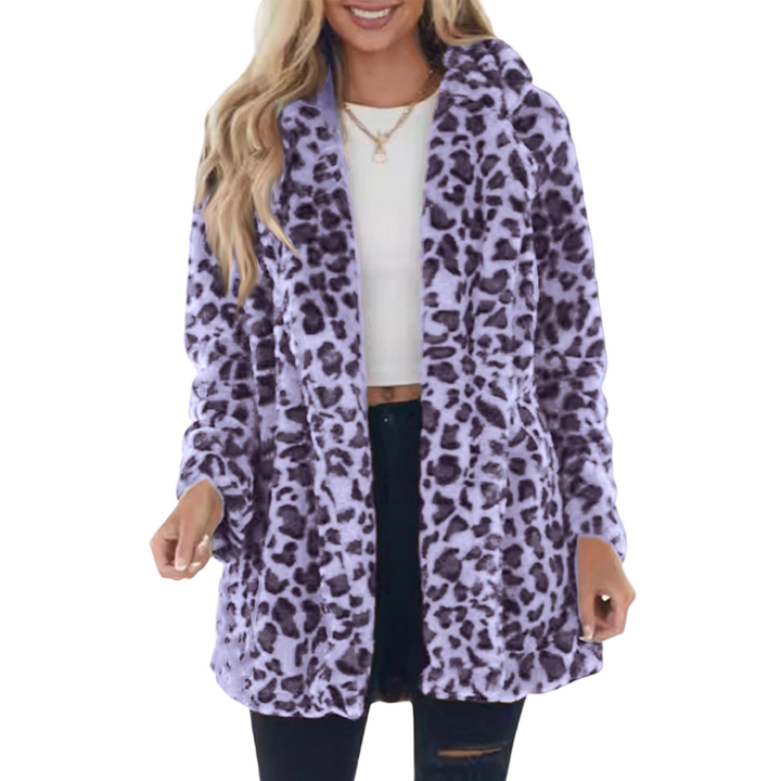 Women’s Leopard Print Faux Fur Coat – Cozy Oversized Jacket with Pockets