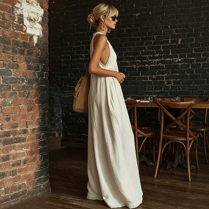 Cotton Lace Trim Sleeveless Jumpsuit