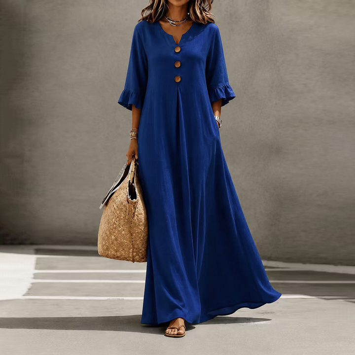 Relaxed Linen Blend Henley Maxi Dress
