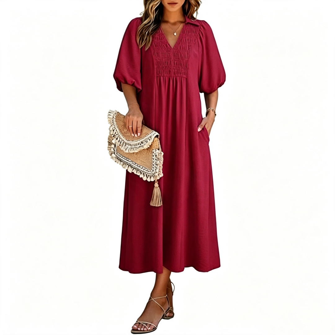 Relaxed Smocked V-Neck Midi Dress