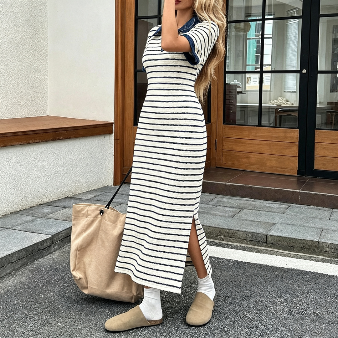 Elegant Striped Polo Knit Midi Dress