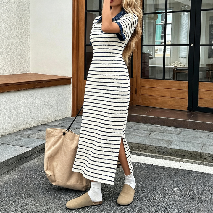 Elegant Striped Polo Knit Midi Dress