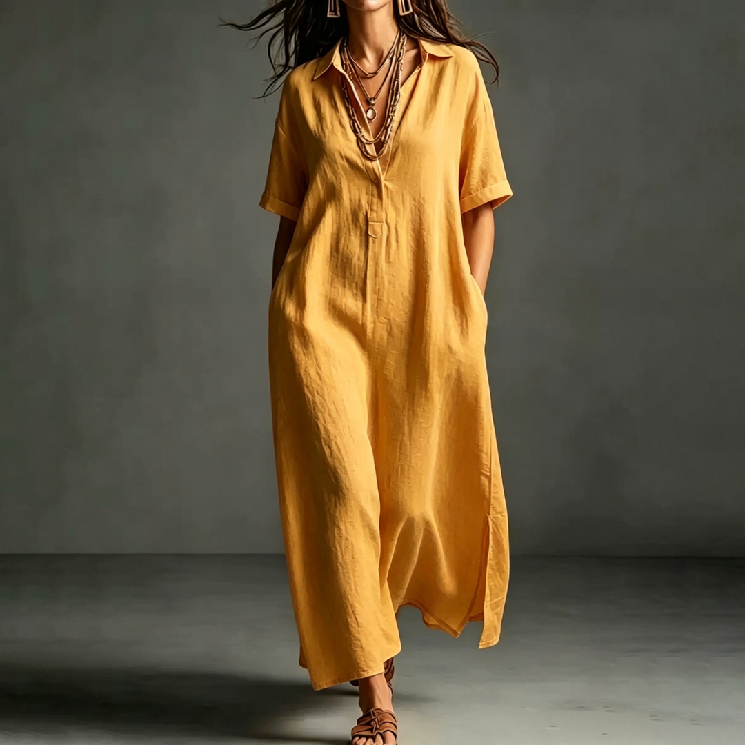 Linen Blend Collared Maxi Dress