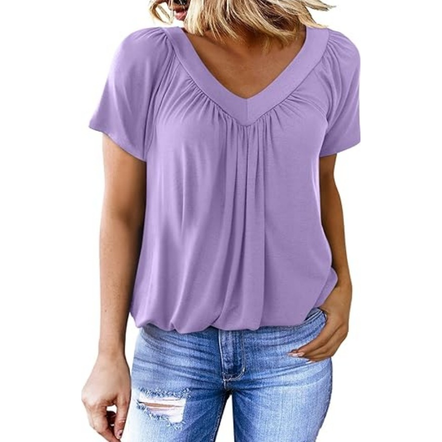 Casual V-Neck Shirred Short Sleeve Top