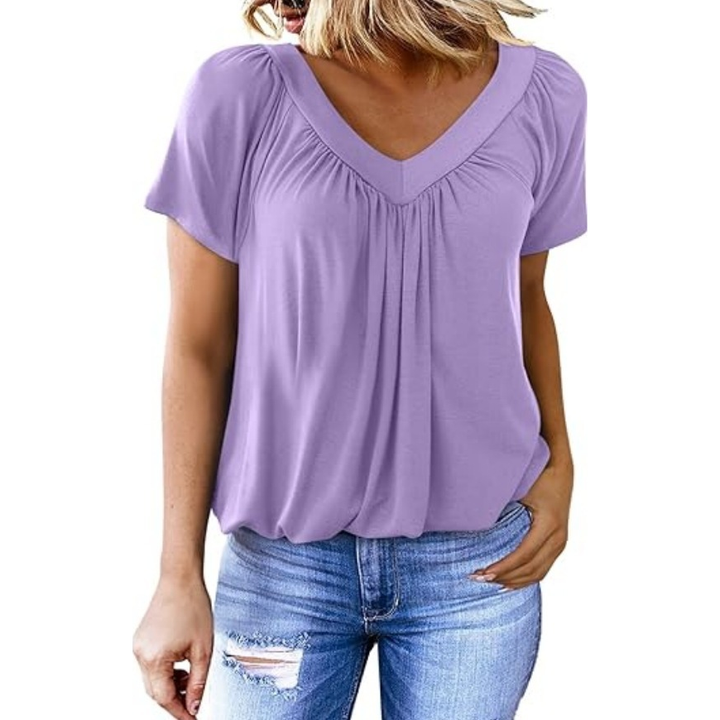 Casual V-Neck Shirred Short Sleeve Top