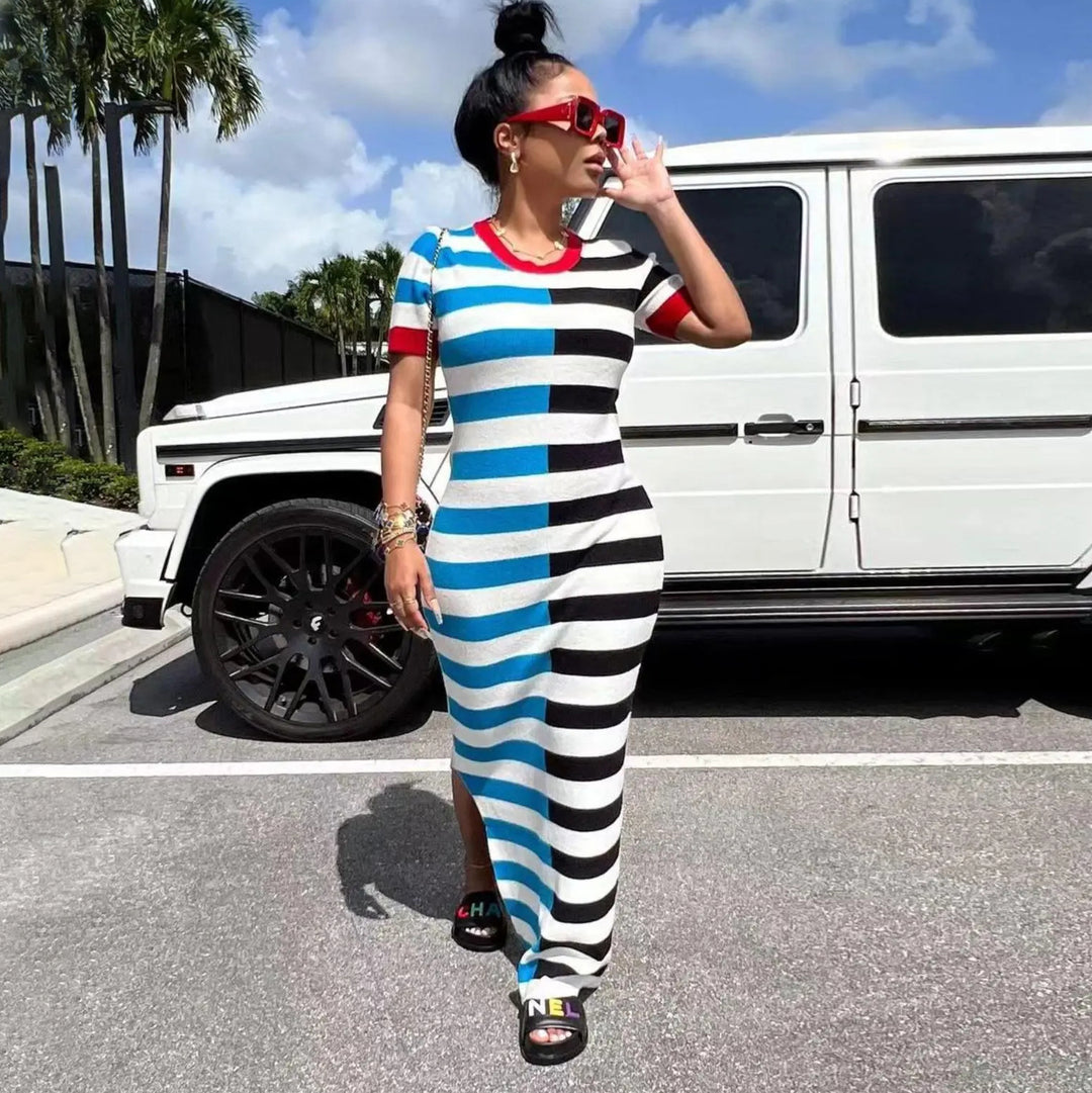 Colorblock Striped Slit T-Shirt Maxi Dress