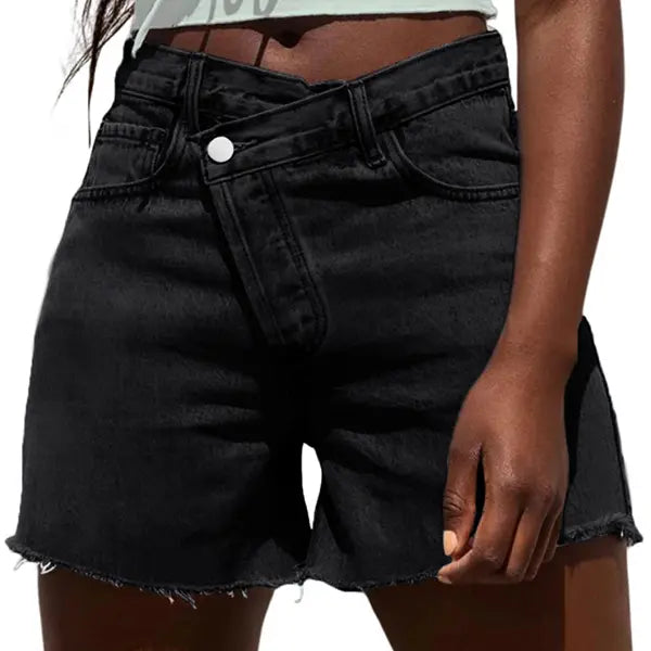 Cross Waist High Rise Distressed Denim Shorts