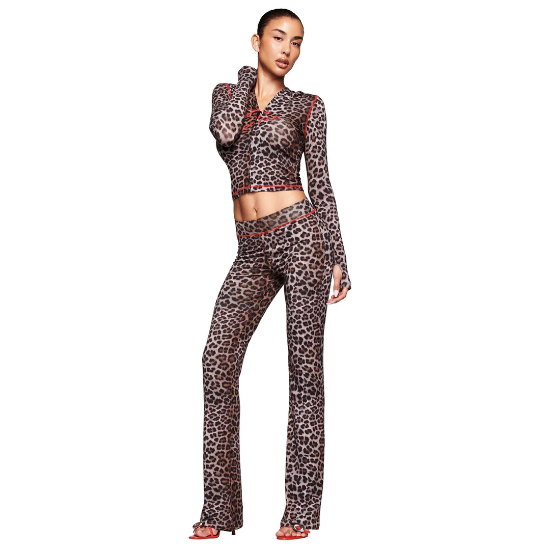 Leopard print zipper street style tracksuit