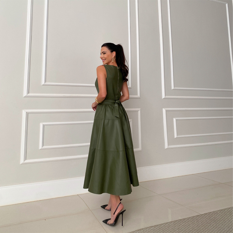 Elegant Faux Leather Midi Dress