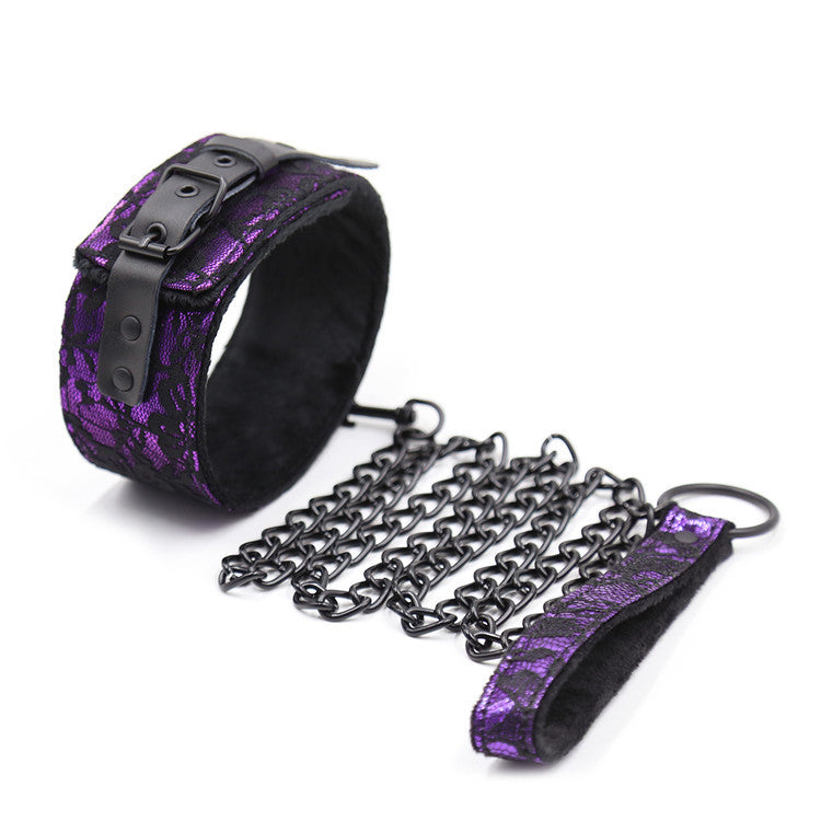Lace trim genuine leather short plush pin buckle collar