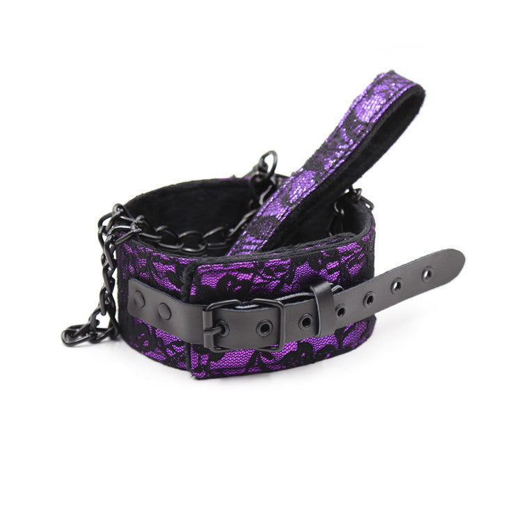 Lace trim genuine leather short plush pin buckle collar