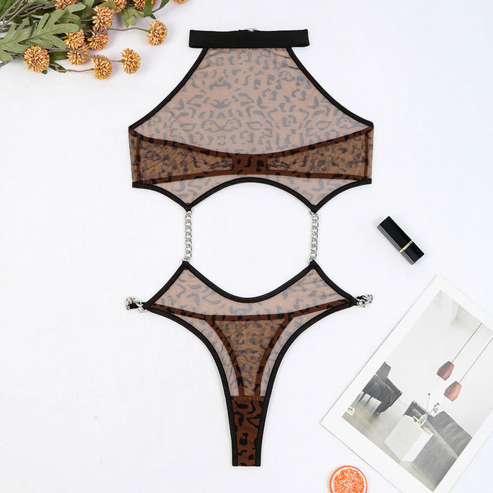 Leopard print transparent sling metal chain one-piece sexy suit