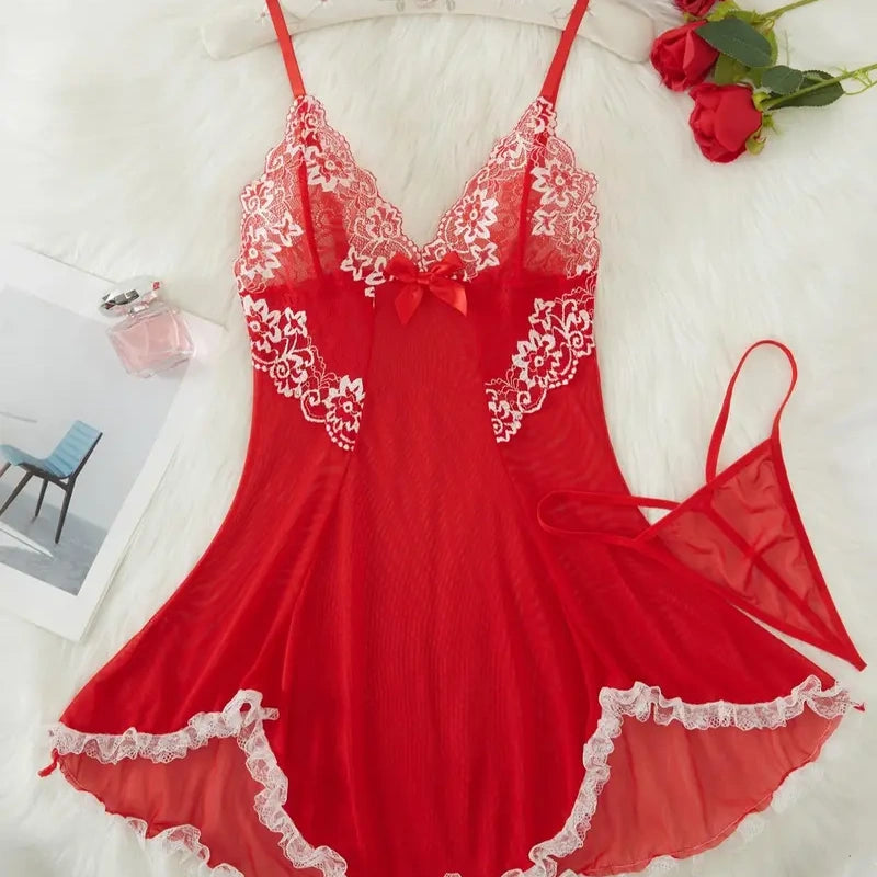 Contrast Lace Bow Mesh Slip Set