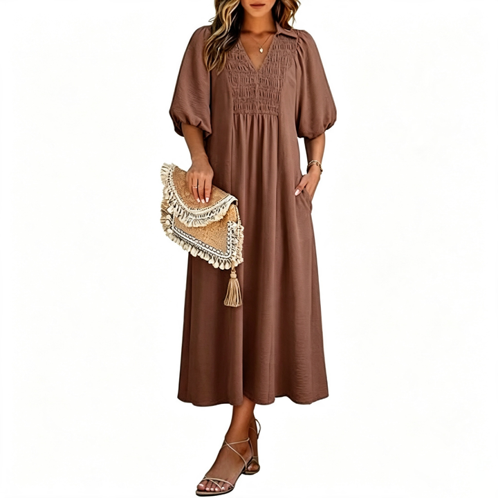 Relaxed Smocked V-Neck Midi Dress