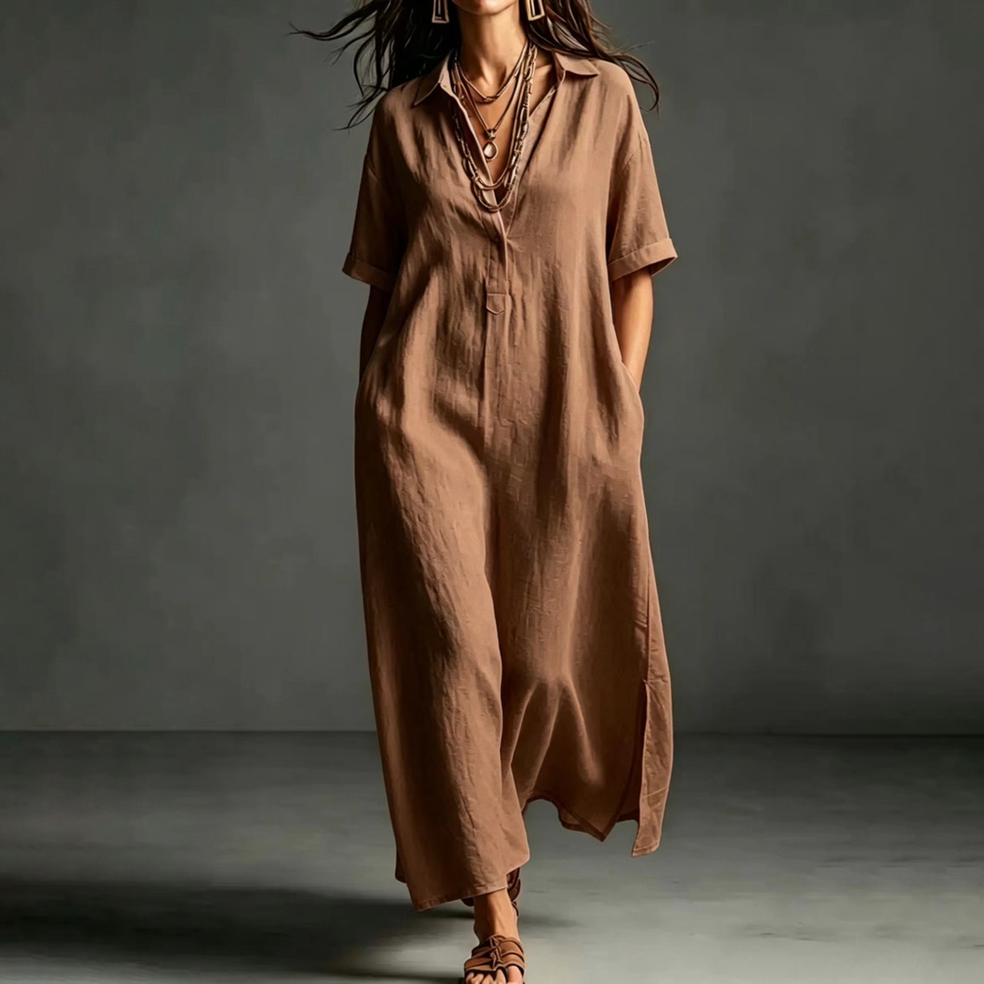 Linen Blend Collared Maxi Dress