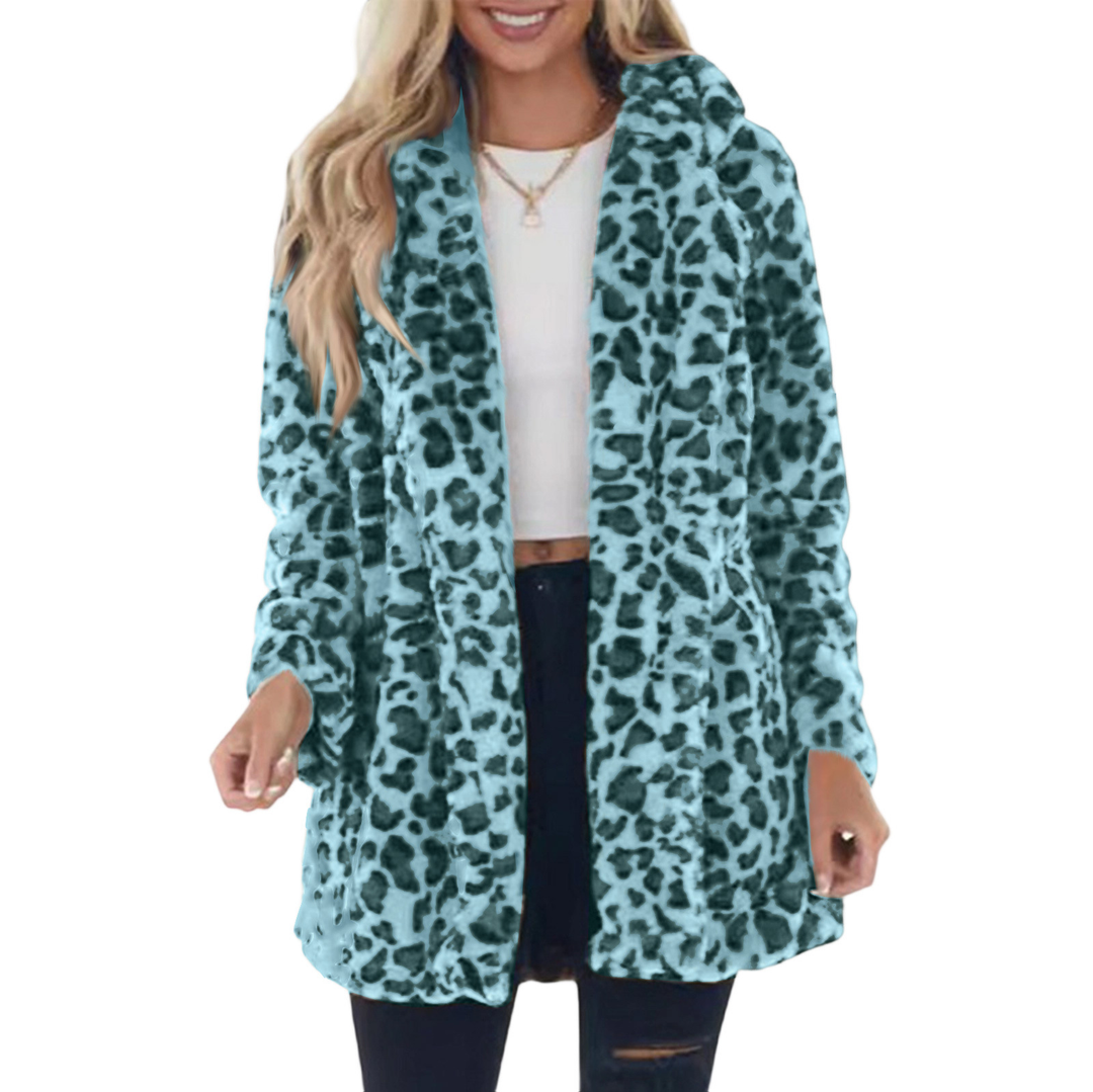 Women’s Leopard Print Faux Fur Coat – Cozy Oversized Jacket with Pockets