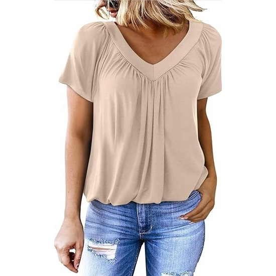 Casual V-Neck Shirred Short Sleeve Top