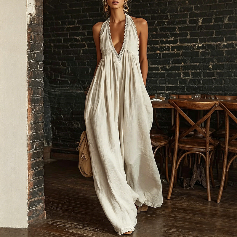 Cotton Lace Trim Sleeveless Jumpsuit