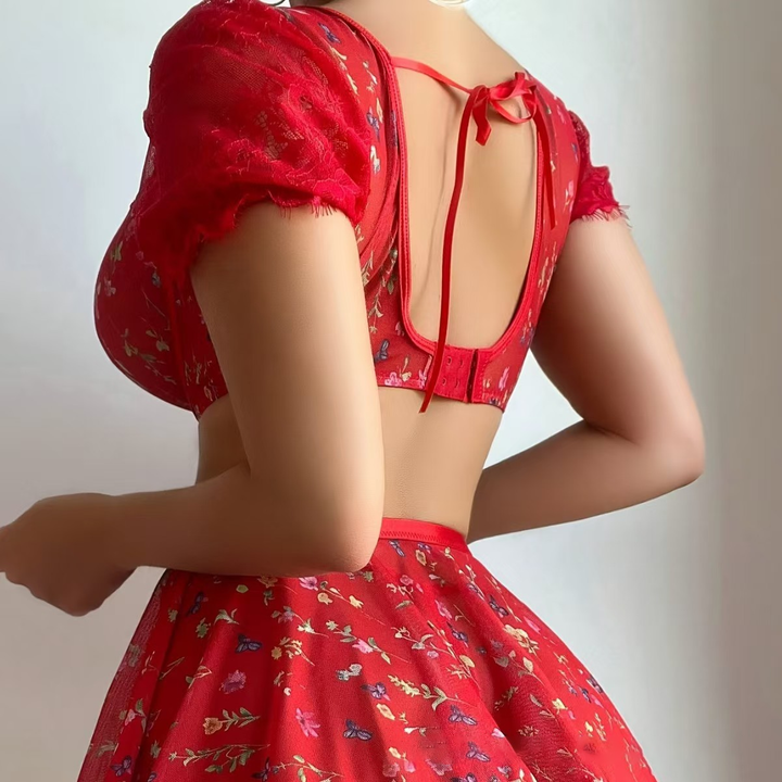 Women’s Floral Embroidered Lingerie Set – Sheer Bra &amp; Lace Skirt