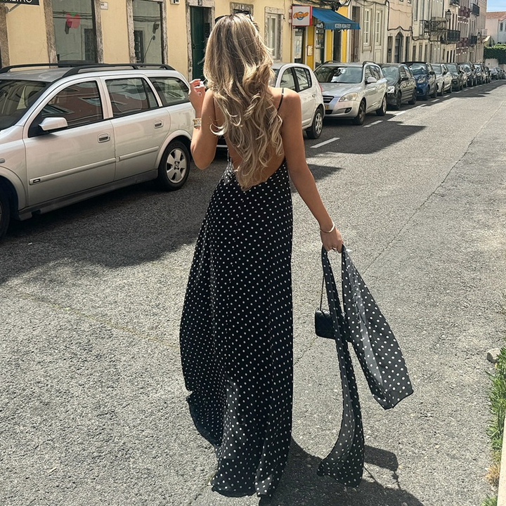 Elegant French Polka Dot Slip Maxi Dress