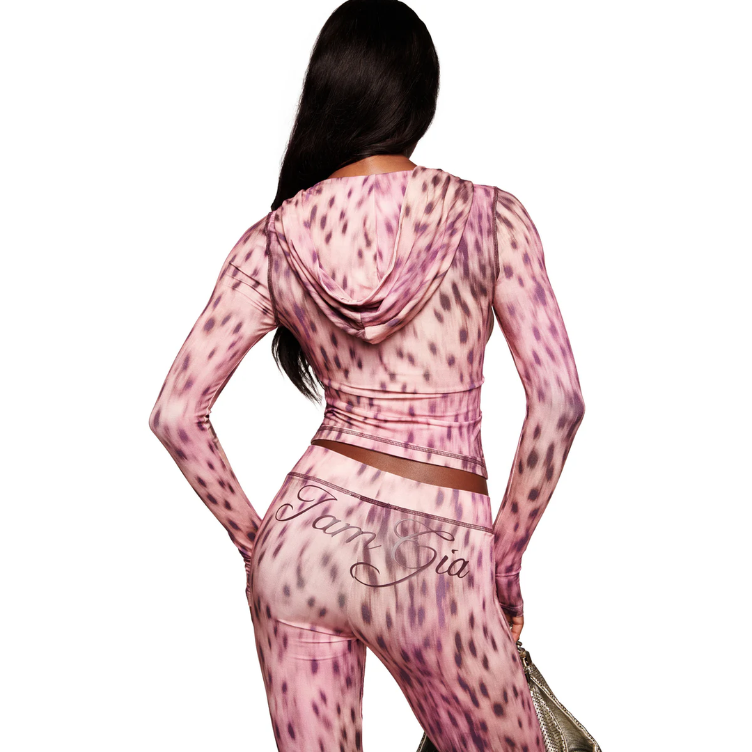 Leopard print zipper street style tracksuit