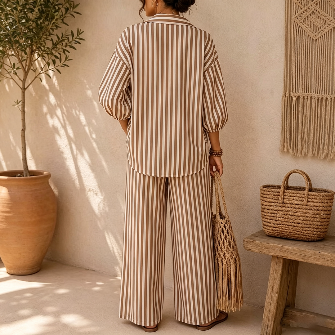 French Striped Shirt Wide Leg Pants Set