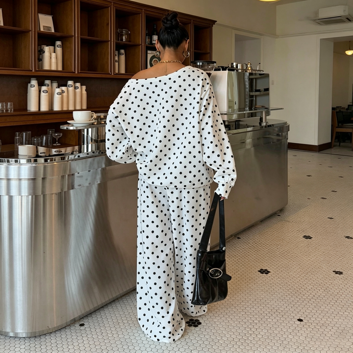 Polka dot off-shoulder long-sleeved drawstring set