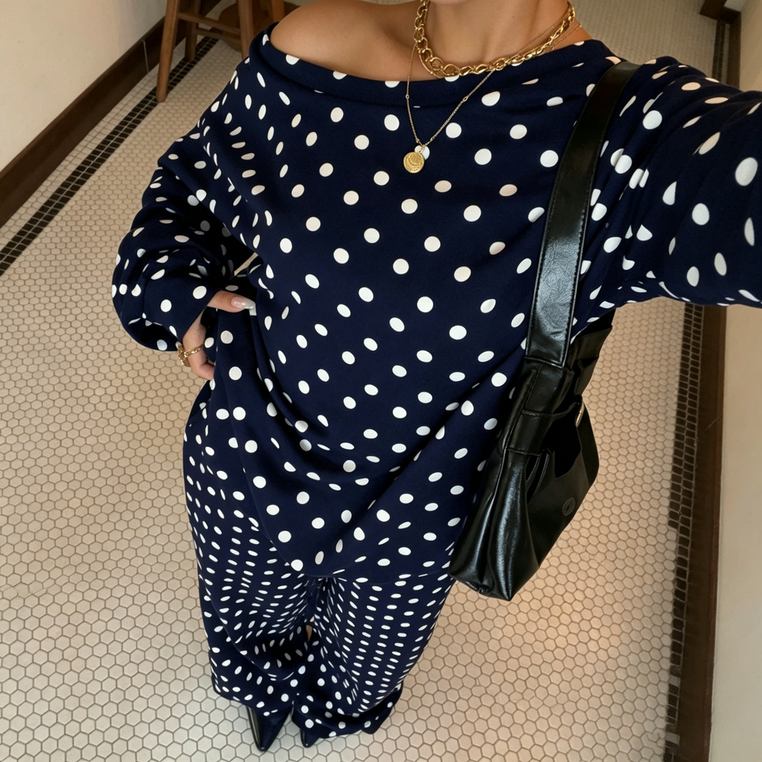 Polka dot off-shoulder long-sleeved drawstring set