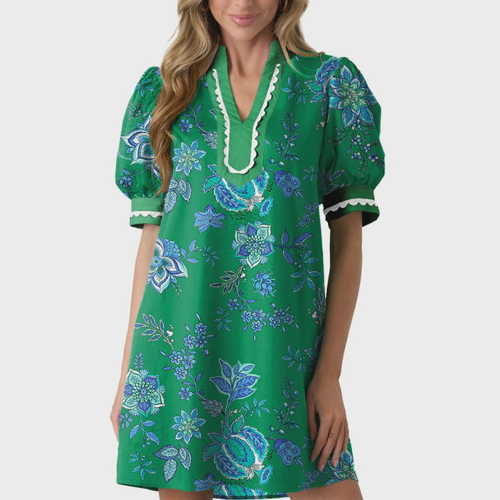 Floral Puff Sleeve V-Neck Mini Dress