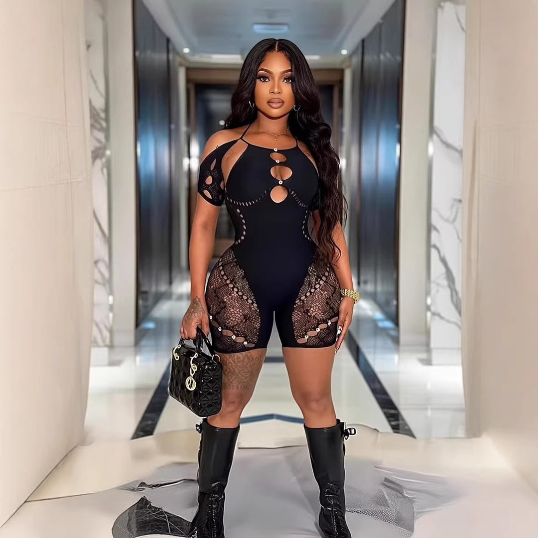 Crystal Embellished Cutout Sheer Jumpsuit