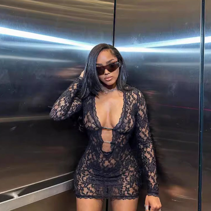 Solid Lace Cutout Long Sleeve Bodysuit Dress