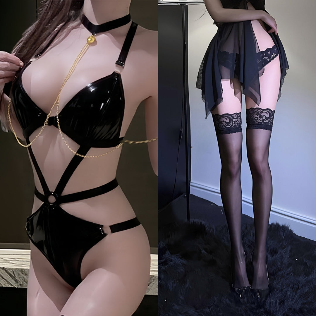 Queen Leather Lingerie Chain-Embellished Set