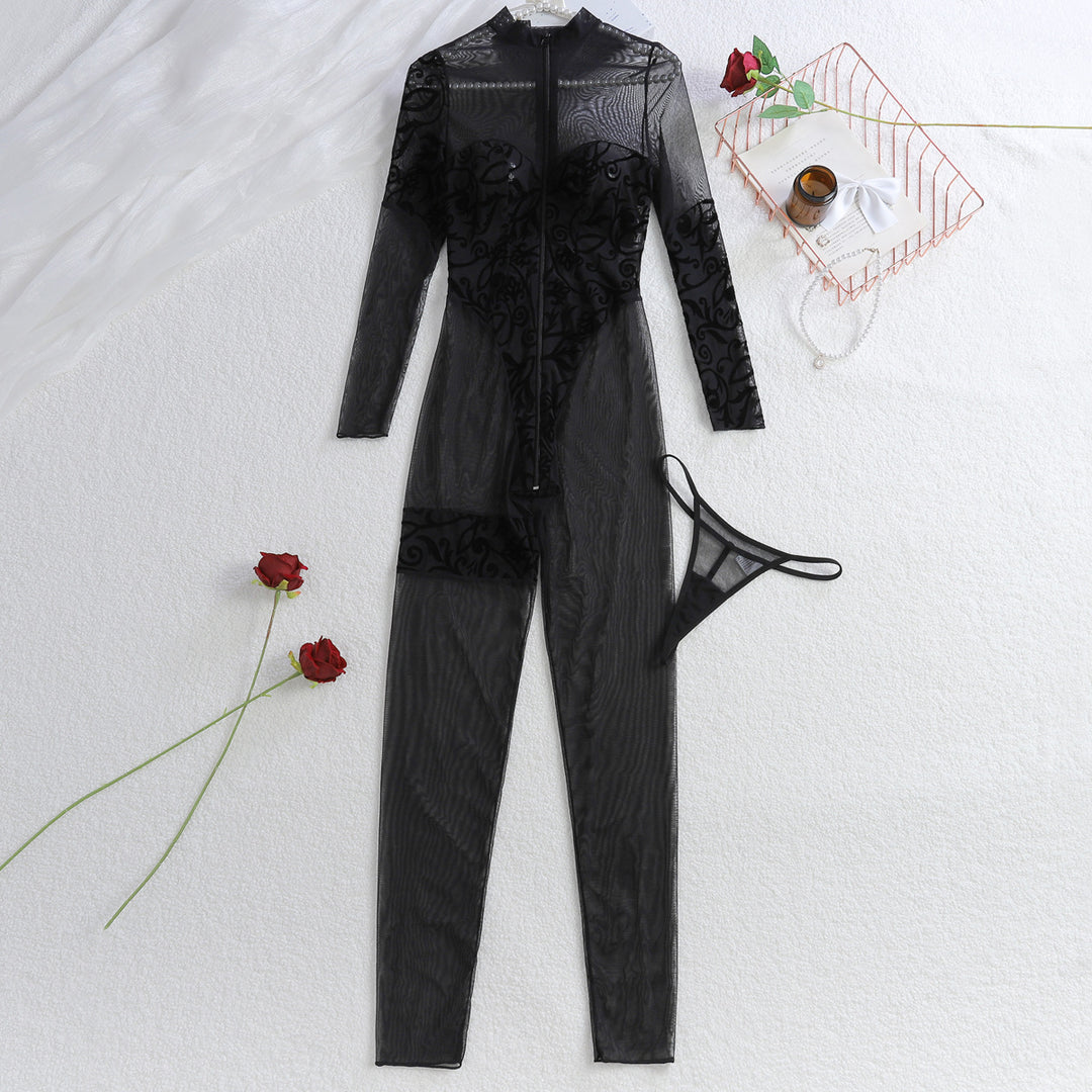Embroidered Zipper See-through Bodysuit