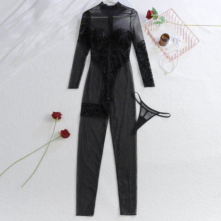 Embroidered Zipper See-through Bodysuit