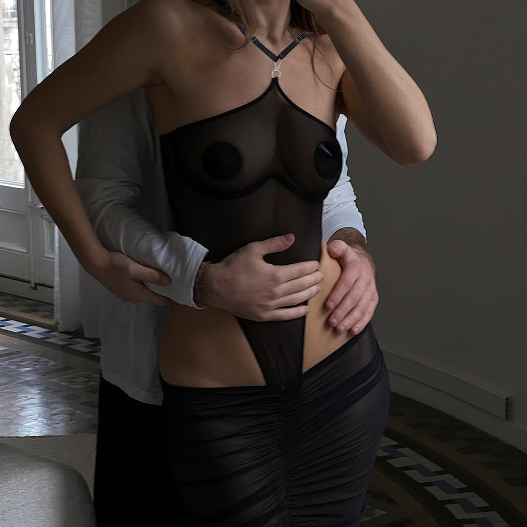 Sheer halter-neck bodysuit and mesh maxi dress set