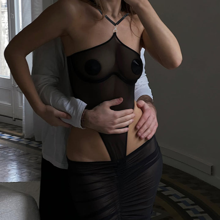 Sheer halter-neck bodysuit and mesh maxi dress set