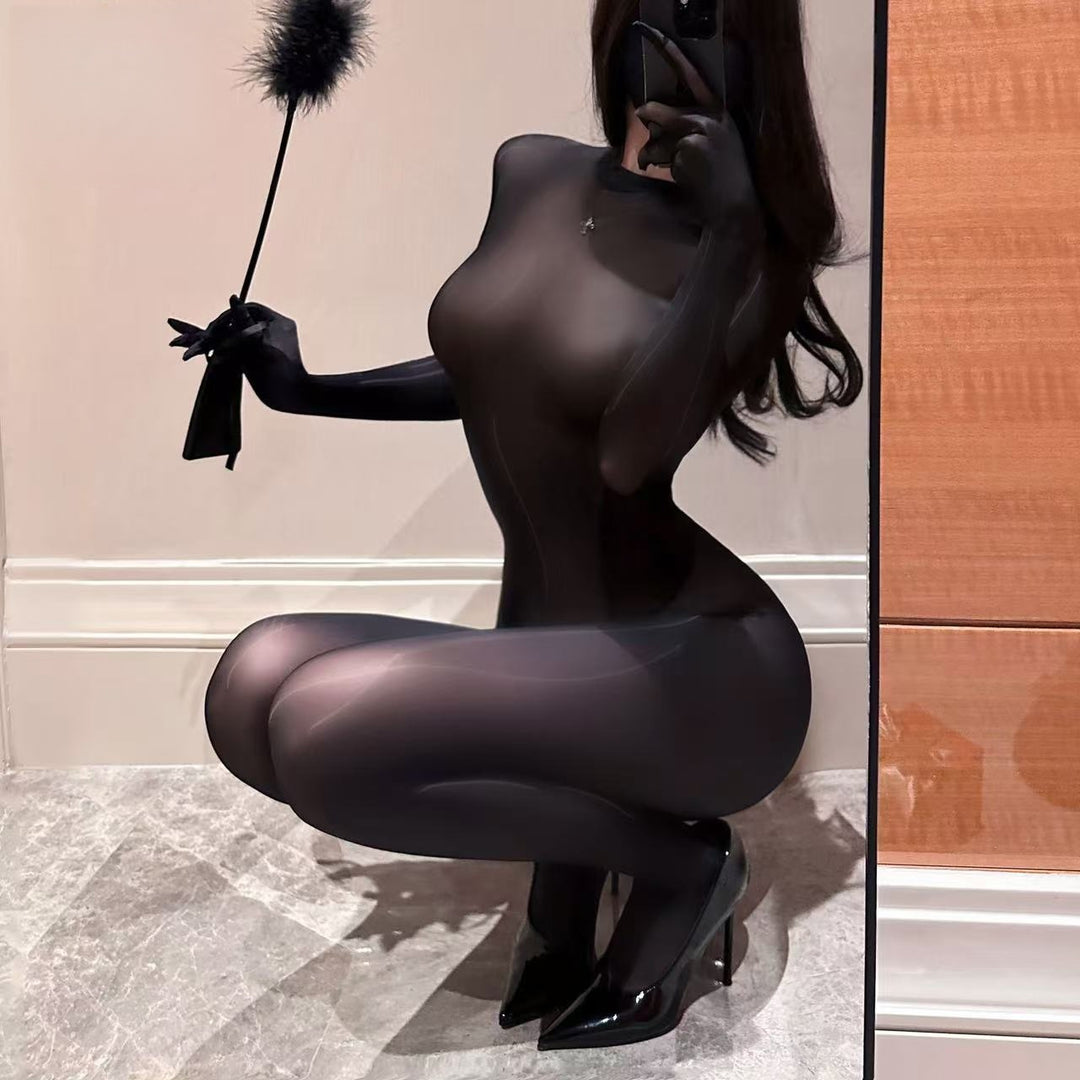 Glossy open-crotch five-finger gloves long-sleeved bodysuit