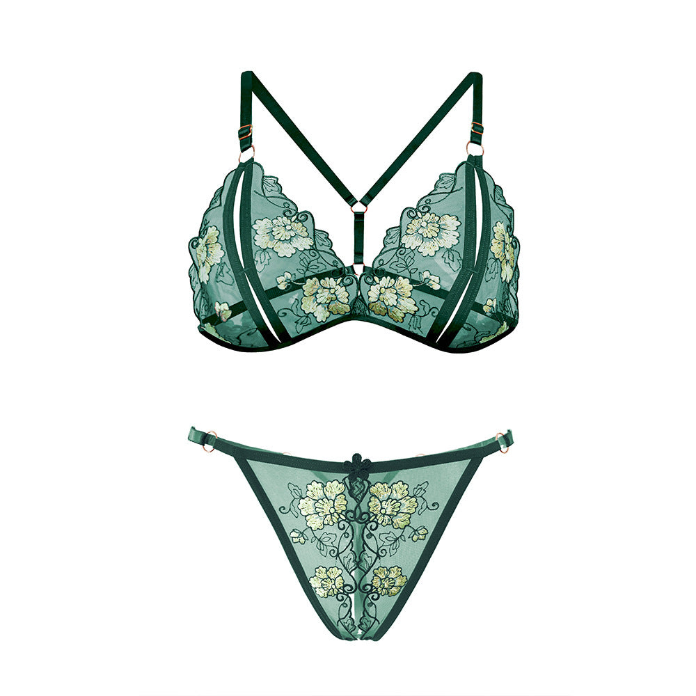 Tempting Sexy Embroidered Open Crotch Passion Bra Set