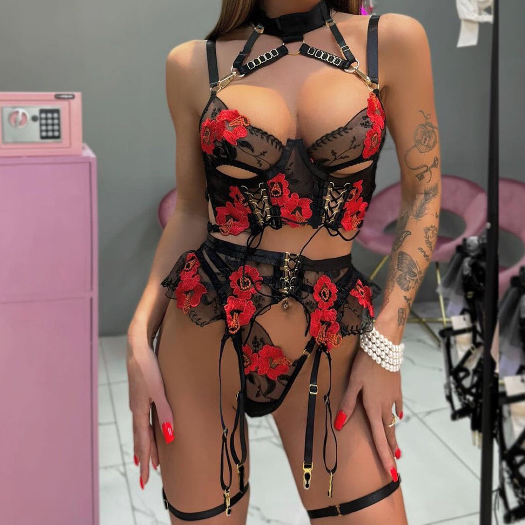 Embroidered floral lingerie set