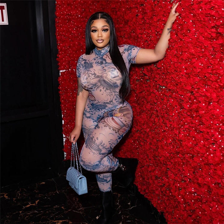 Sexy backless fashion print see-through jumpsuit